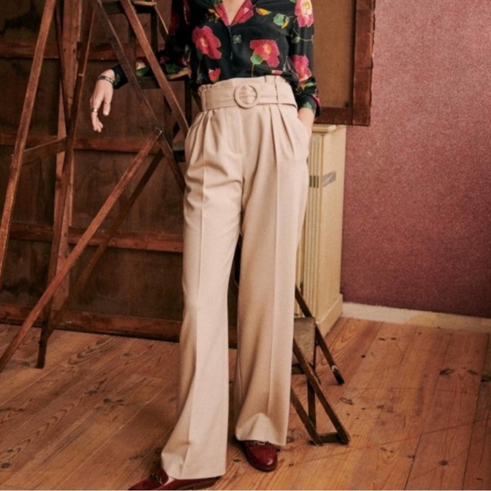 Sezane Arthur Wool-Blend High Rise Belted Trouser Pants | Size 6 Beige